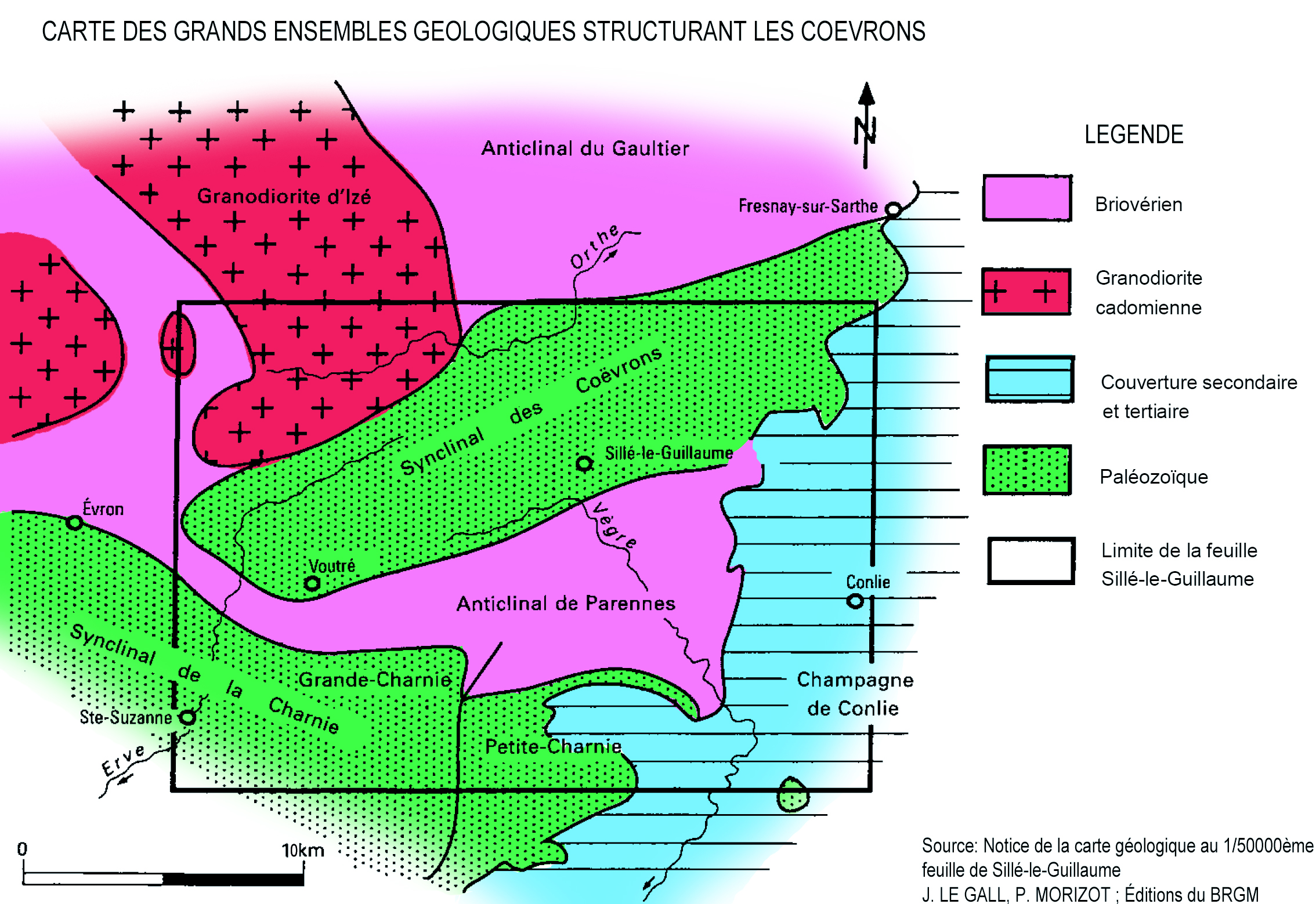 Carte schématique des ensembles géologiques qui structurent les collines du Maine (source BRGM) en grand format (nouvelle fenêtre)