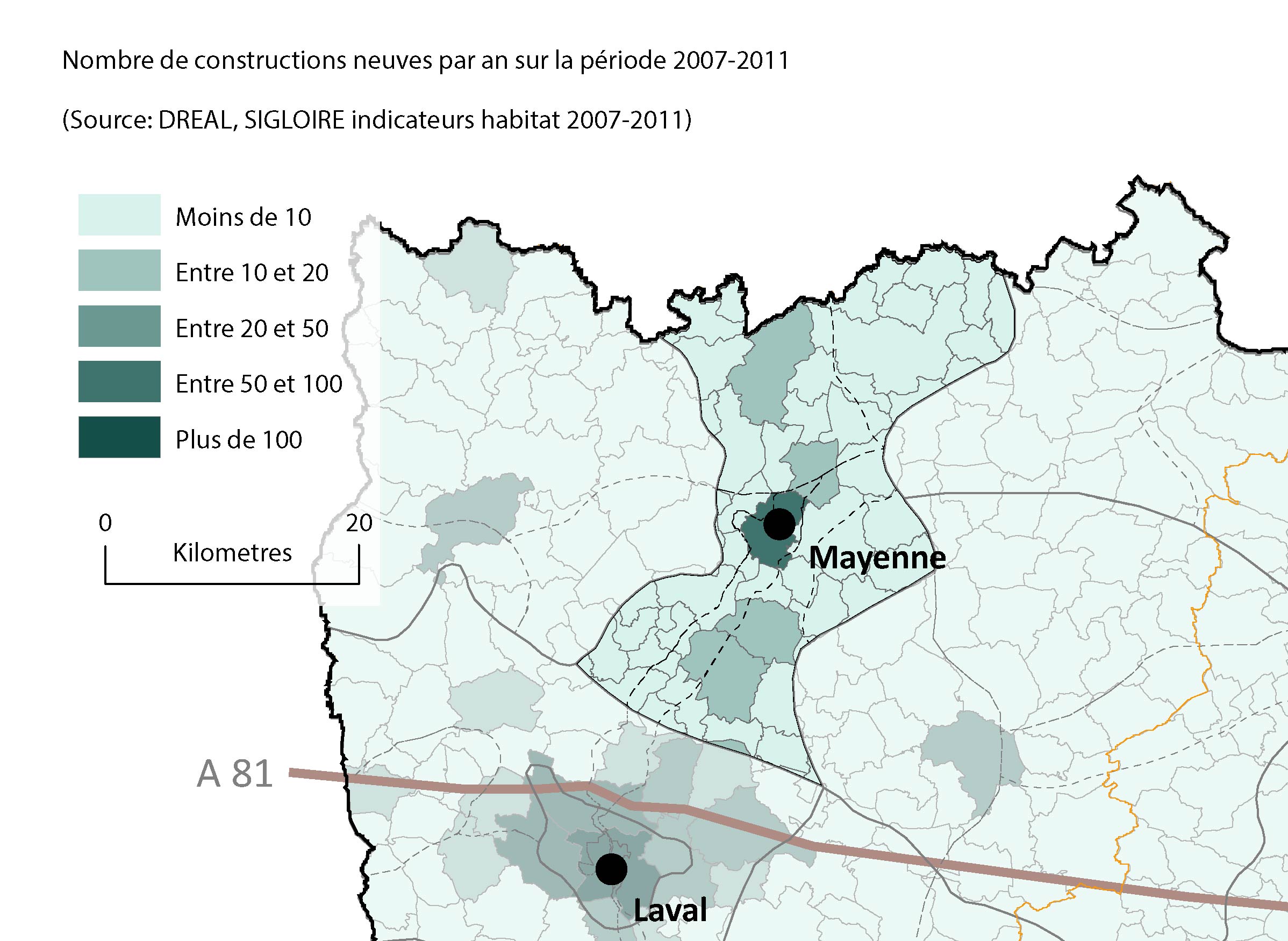 Seul le pôle de Mayenne connaît des dynamiques constructives soutenues sur la période 2007-2011 (source : DREAL, SIGLOIRE indicateurs habitat 2007-2011) en grand format (nouvelle fenêtre)