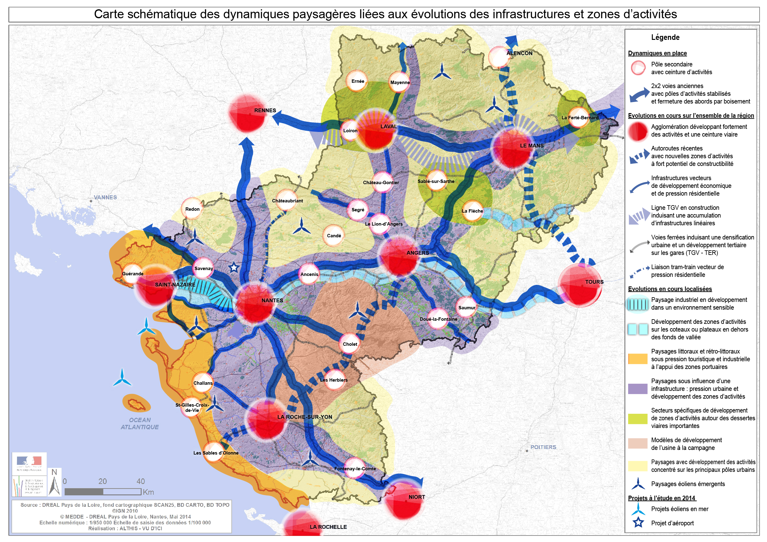 Carte schématique des dynamiques paysagères liées aux évolutions des infrastructures et zones d'activités en grand format (nouvelle fenêtre)