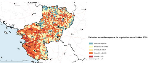 L'ouest des Pays de la Loire et plus particulièrement les secteurs littoraux et retro-littoraux, concentrent les croissances démographiques les plus fortes. (Source : INSEE) en grand format (nouvelle fenêtre)