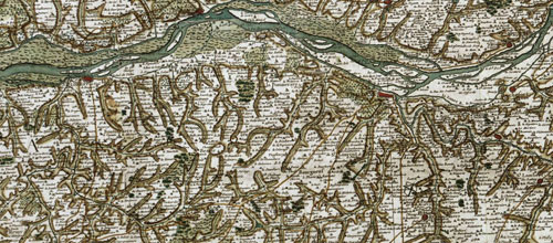 A l'image de la majorité des villages ligériens, les implantations de Chalonnes-sur-Loire et Saint-Florent-le-Vieil sont linéaires, le long des coteaux. - Extrait carte de Cassini 1750-1790 (source : IGN) en grand format (nouvelle fenêtre)