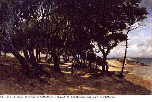 Peinture du littoral "sauvage" et désert : Arbres au bord de la mer de Noirmoutier, C. Bernier, fin XIXème siècle, (Musée départemental Breton, Quimper) en grand format (nouvelle fenêtre)