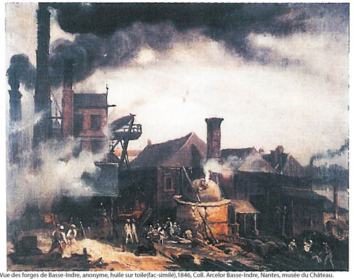 Détail des usines de Nantes du 19e Siècle, vue des forges de Basse-Indre, coll. Arcelor Basse-Indre, 1846, (Musée des Ducs de Bretagne, Nantes) en grand format (nouvelle fenêtre)