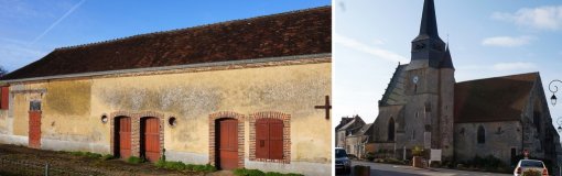 Couleurs chaudes du bâti sur un corps de ferme et l'église de Cormes en grand format (nouvelle fenêtre)