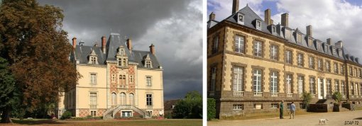 Châteaux (ici Chevaigné sur Teillé et Perrochel sur Saint-Aubin-de-Locquenay), manoirs et ensembles bâtis remarquables jalonnent le paysage de l'unité, et soulignent son attractivité (source : Service de l'Architecture et du Patrimoine de la Sarthe) en grand format (nouvelle fenêtre)
