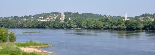 Des coteaux marqués qui mettent en scène le patrimoine sur l'horizon du fleuve : Oudon vue depuis la berge de Champtoceaux en grand format (nouvelle fenêtre)