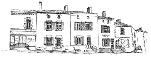 Alignement de maisons de bourg à étage autour d'une place aux Essarts (source : CAUE de Vendée) en grand format (nouvelle fenêtre)