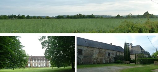 Au nord-est, petite crête boisée (Bois de Bergault, Forêt domaniale de Bellebranche) animée par un patrimoine de châteaux dans leur parc arboré (ici la Manchetière) et l'ancienne abbaye cistercienne de Bellebranche (Saint Brice) en grand format (nouvelle fenêtre)