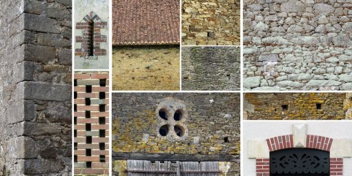 Palette de matériaux de l'architecture du nord Vendée : des matériaux de construction traditionnels aux couleurs chaudes (schistes, granits, gneiss, tuile et brique) en grand format (nouvelle fenêtre)