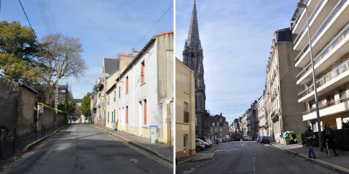 Ambiances urbaines contrastées de quartiers du centre-ville (Nantes) en grand format (nouvelle fenêtre)