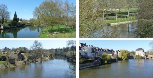 Une rivière aux rives souvent privatisées et « jardinées » (Petits terrains privatifs à Neuville-sur-Sarthe – camping de Beaumont-sur-Sarthe – en bas rives gauche et droite de Fresnay-sur-Sarthe) en grand format (nouvelle fenêtre)