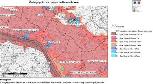 Cartographie du PPRI dans le secteur de La Ménitré (Source : MEDDE. Cartographie des risques en Maine-et-Loire – Cartorisque (Consulté en 06/2015) en grand format (nouvelle fenêtre)