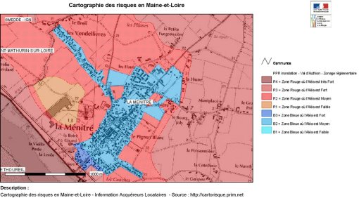 Le territoire de La Ménitré est davantage répertorié en zone rouge (faible degré d'équipement, d'urbanisation et d'occupation, à préserver de toute urbanisation nouvelle). Le bourg est indiqué en zone bleu (caractère urbain et objectifs de limitation de l'exposition aux risques) (Source : MEDDE. Cartographie des risques en Maine-et-Loire – Cartorisque (Consulté en 06/2015) en grand format (nouvelle fenêtre)