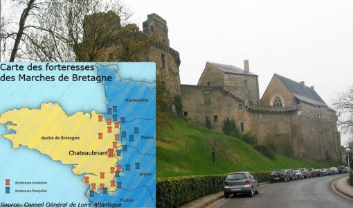 Château de Châteaubriant et carte des forteresses des marches de Bretagne (Source : Atlas des paysages de Loire- Atlantique) en grand format (nouvelle fenêtre)