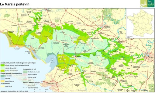 Carte des types de zones humides associées à la gestion du marais (source : PNR Marais poitevin, 2008) en grand format (nouvelle fenêtre)