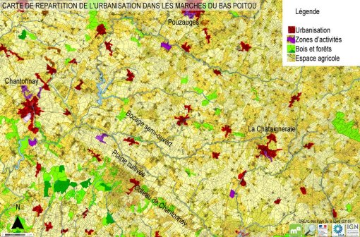Carte de répartition de l'urbanisation autour de la plaine cultivée et à l'appui des coteaux (source : Corine Land Cover, 2006 – cadastre) en grand format (nouvelle fenêtre)