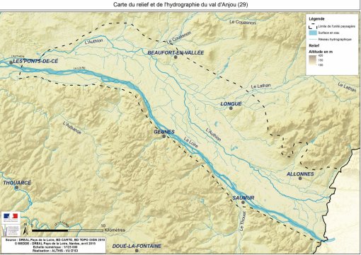 Carte du relief et du réseau hydrographique de l'unité paysagère du val d'Anjou en grand format (nouvelle fenêtre)