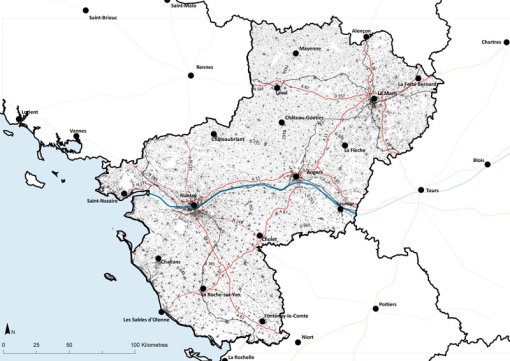La Loire marque une séparation nette à l'échelle régionale par rapport à l'implantation des villages et à la diffusion urbaine dans les secteurs ruraux. (source : IGN) en grand format (nouvelle fenêtre)