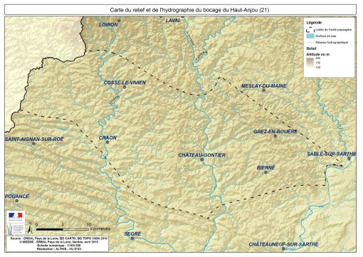 Carte du relief et du réseau hydrographique de l'unité paysagère du bocage du Haut-Anjou en grand format (nouvelle fenêtre)