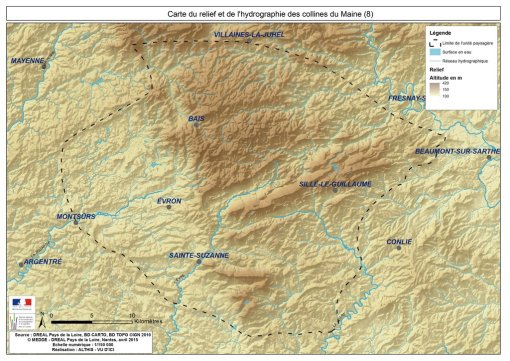 Carte du relief et de l'hydrographie des collines du Maine en grand format (nouvelle fenêtre)