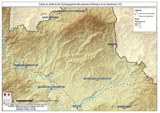 Carte du relief et de l'hydrographie des plaines d'Alençon et du Saosnois en grand format (nouvelle fenêtre)