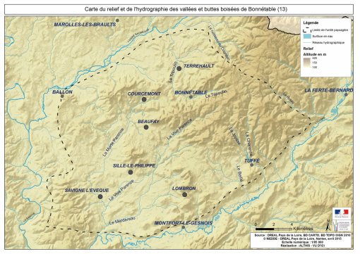 carte du relief et du réseau hydrographique de l'unité paysagère des vallées et buttes de Bonnétable en grand format (nouvelle fenêtre)