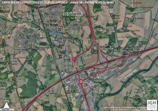 Carte des infrastructures et des zones d'activités marquant l'entrée nord du Mans. en grand format (nouvelle fenêtre)