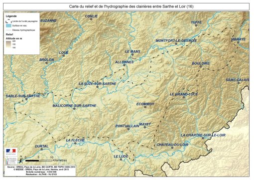 Carte du relief et du réseau hydrographique de l'unité paysagère des clairières entre Sarthe et Loir en grand format (nouvelle fenêtre)