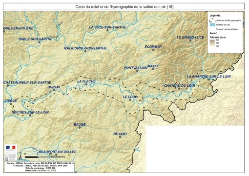 Carte du relief et du réseau hydrographique de la vallée du Loir en grand format (nouvelle fenêtre)