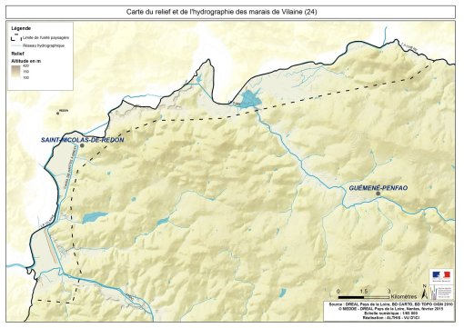 Carte du relief et de l'hydrographie des marais de Vilaine en grand format (nouvelle fenêtre)