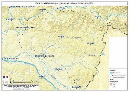 Carte du relief et du réseau hydrographique de l'unité paysagère des plateaux du Baugeois en grand format (nouvelle fenêtre)