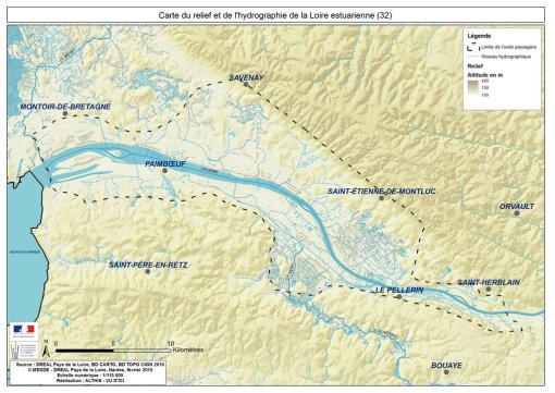 Carte du relief et de l'hydrographie de la Loire estuarienne en grand format (nouvelle fenêtre)