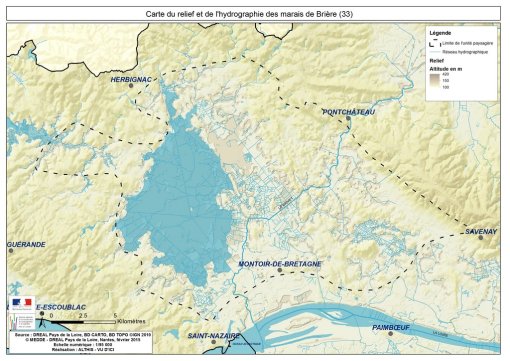 Carte du relief et de l'hydrographie des marais de Brière en grand format (nouvelle fenêtre)