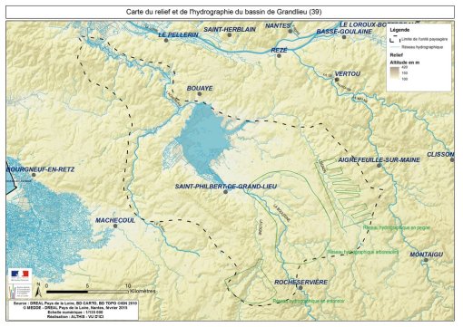 Carte du relief et de l'hydrographie du bassin de Grand-Lieu en grand format (nouvelle fenêtre)