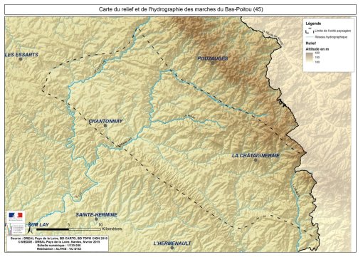 Carte du relief et du réseau hydrographique de l'unité paysagère des marches du Bas-Poitou en grand format (nouvelle fenêtre)