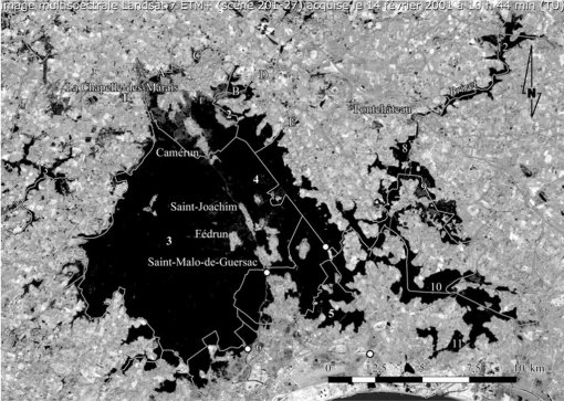 Emprise des inondations dans le marais : surface d'eau en février 2001 en noir sur la carte (Image multispectrale Landsat7) en grand format (nouvelle fenêtre)