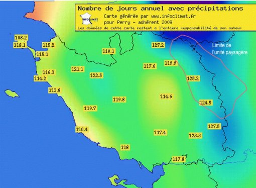 Carte des précipitations de la Vendée, localisant le haut bocage (source : Infoclimat, 2009) en grand format (nouvelle fenêtre)