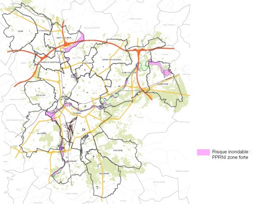 Carte des PPRI de Le Mans Métropole (source : LE MANS METROPOLE, IGEONET. Cadastre et plan local d'urbanisme. [en ligne] disponible sur https://igeonet.lemans.fr/igeonet_plu/ (Consulté en 04/2015)) en grand format (nouvelle fenêtre)