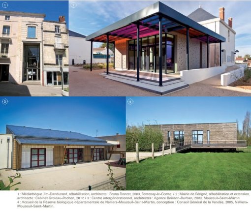 Quelques exemples d'architecture contemporaine insérés dans leur cadre urbain ou naturel (Source : CAUE VENDEE. Bien construire dans le Pays de Vendée. Conseil général 85, 2015) en grand format (nouvelle fenêtre)