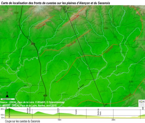 Carte de relief interprété et coupe montrant l'enchainement des cuestas et le profil dissymétrique des vallées (source IGN) en grand format (nouvelle fenêtre)