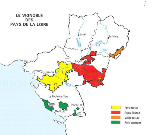 Carte des productions régionales viticoles (source : Patrimoine gastronomique - Région des Pays de la Loire - 1994) en grand format (nouvelle fenêtre)