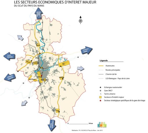 Carte du développement économique du Schéma de Cohérence Territoriale du Mans approuvé en 2014 (Source : TG/JR, SM. SCoT du Mans, 2013) en grand format (nouvelle fenêtre)