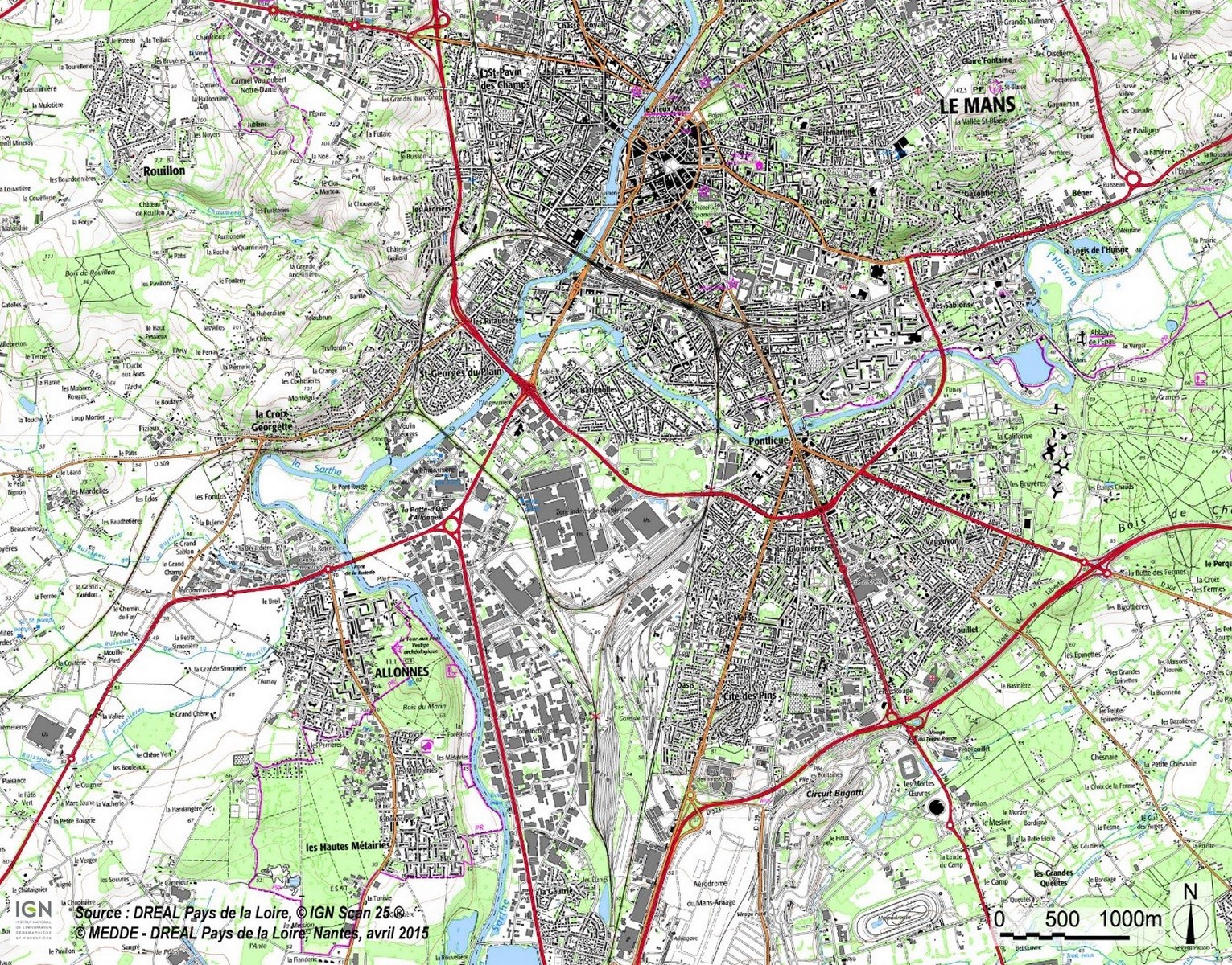 Carte IGN 2013 du secteur du Mans (SCAN 25)