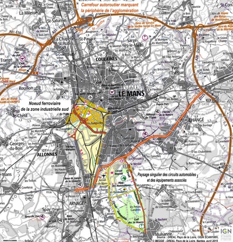 Carte de localisation des noeuds autoroutiers et ferroviaires ainsi que de l’aire du circuit des 24h