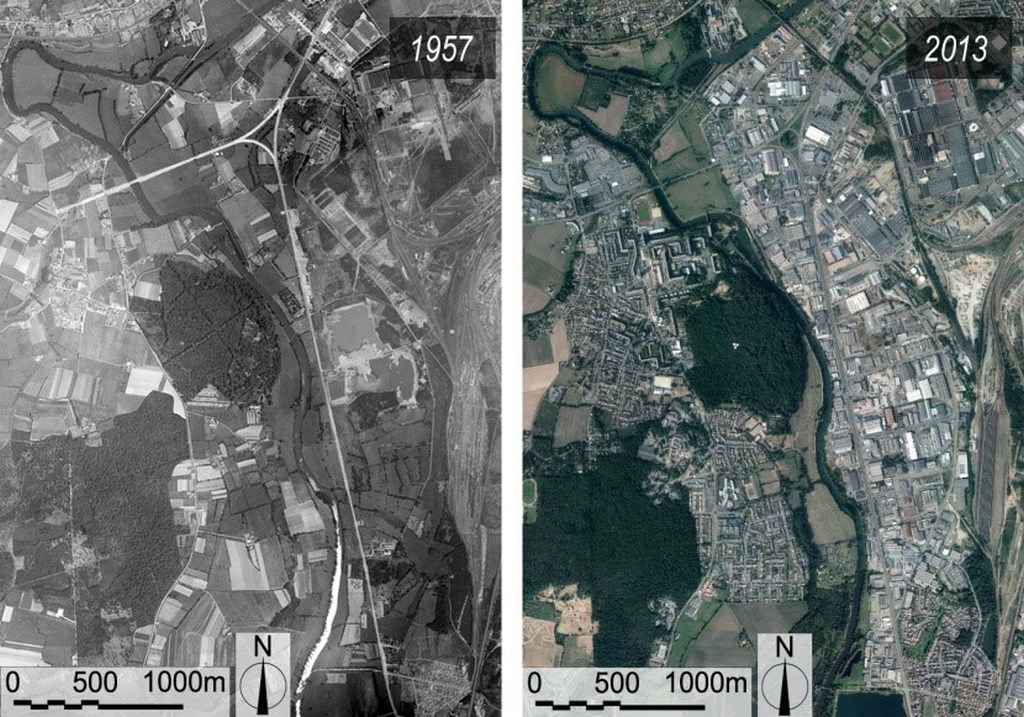 Zoom comparatif des orthophotos de 1957 et 2013 – triangle d’’Allonnes (BD ORTHO)