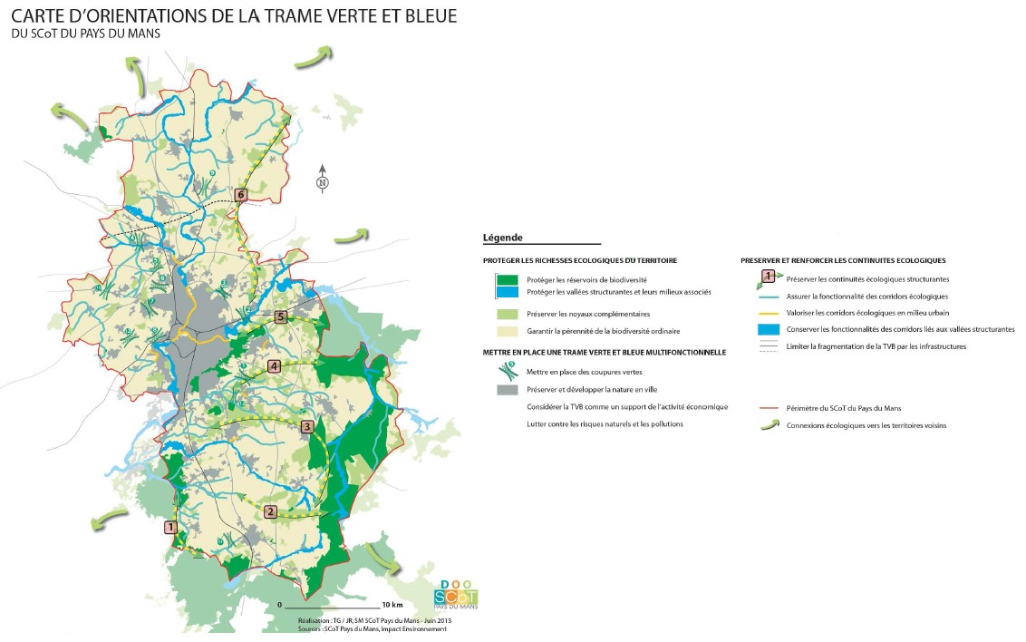 Carte de la Trame Verte et Bleue du Schéma de Cohérence Territoriale du Mans approuvé en 2014 (Source : TG/JR, SM. SCoT du Mans, 2013)