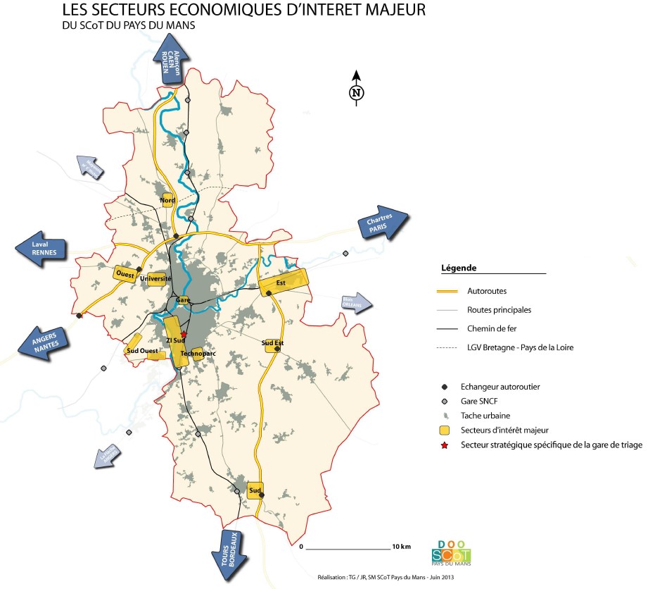 Carte du développement économique du Schéma de Cohérence Territoriale du Mans approuvé en 2014 (Source : TG/JR, SM. SCoT du Mans, 2013)