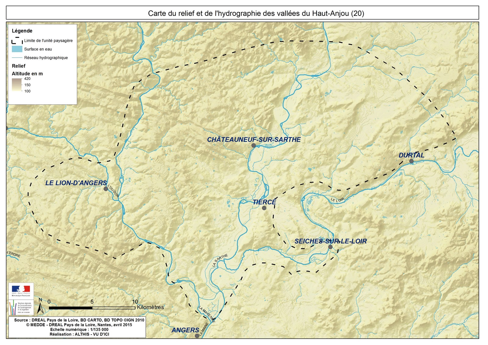 Carte du relief et de l’hydrographie de l’unité paysagère des vallées du Haut-Anjou