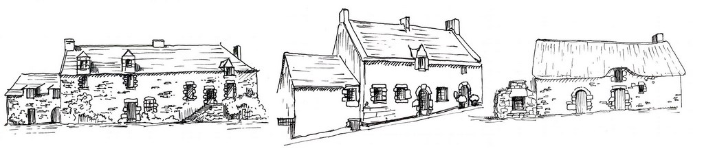 Trois principaux types architecturaux caractérisent la presqu’île guérandaise (de gauche à droite) : la maison de style Breton, la maison du type paludier, et la maison du type briéron. (source Atlas des paysages de Loire-Atlantique)