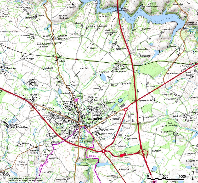 Carte IGN 2013 du secteur de Bournezeau (SCAN 25)